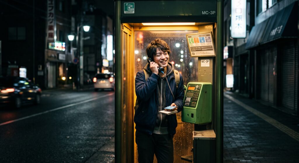 電話ボックスでダイヤルQ２に電話する